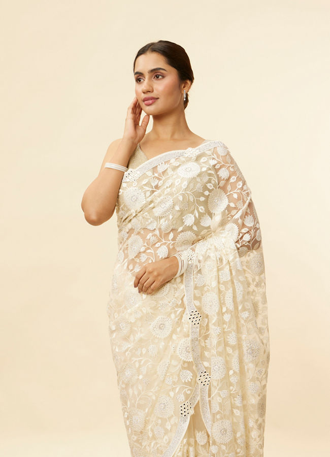 Ivory Cream Bel Buti Patterned Mirror and Stone Work Saree image number 1